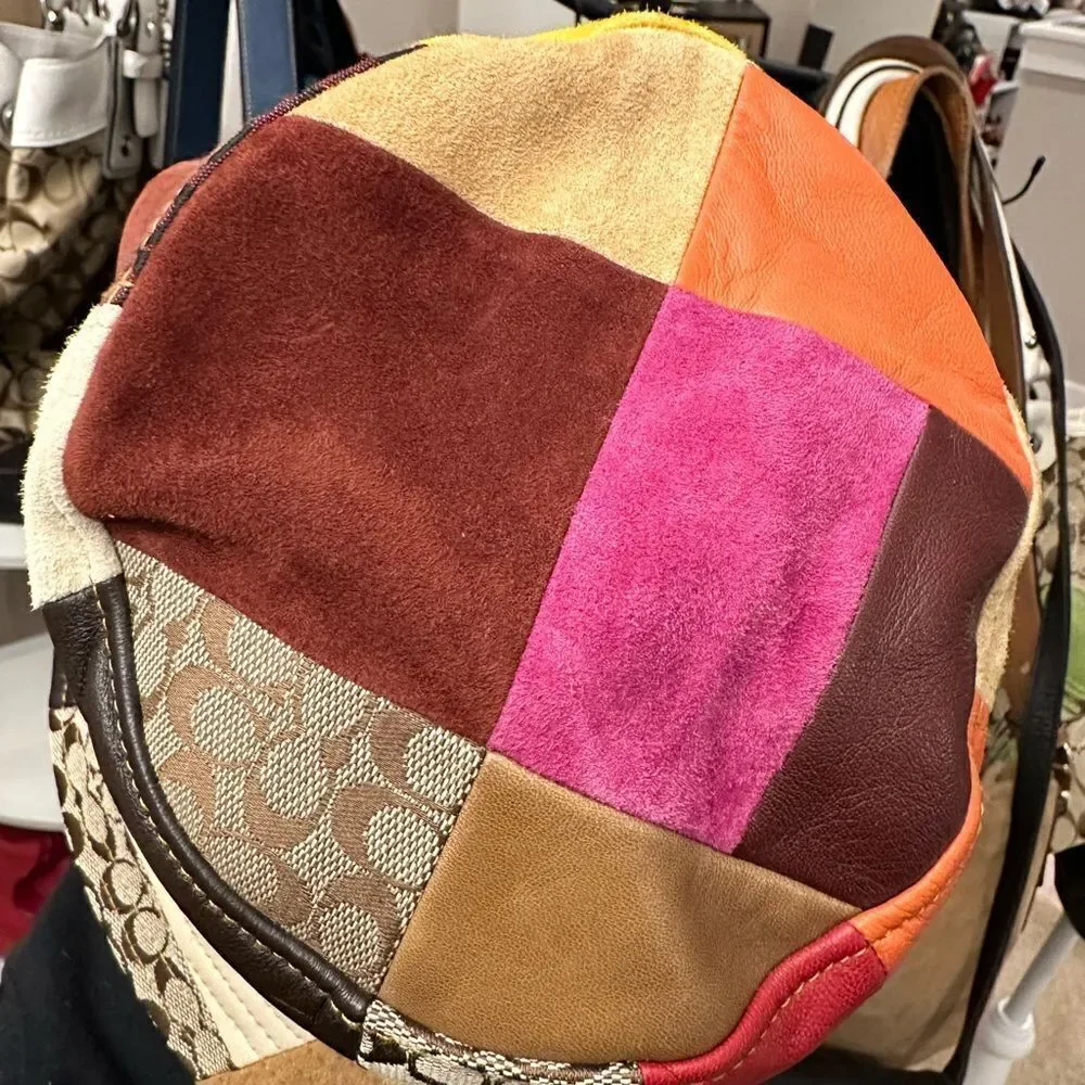 VINTAGE COACH CRUSHER PATCHWORK SUEDE LEATHER SIGNTURE RUST YELLOW PINK SZ S EVC